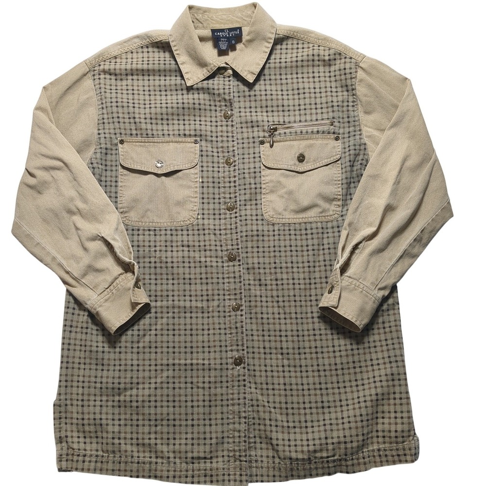 VTG‎ Carole Little Sport Corduroy Shirt Tan Plaid Mixed Media  Women 8 MADE USA